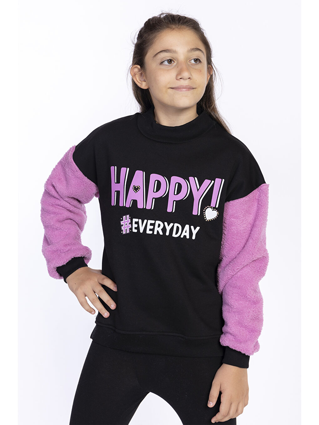 Siyah Kız Çocuk Pelüş Detaylı Baskılı Sweatshirt