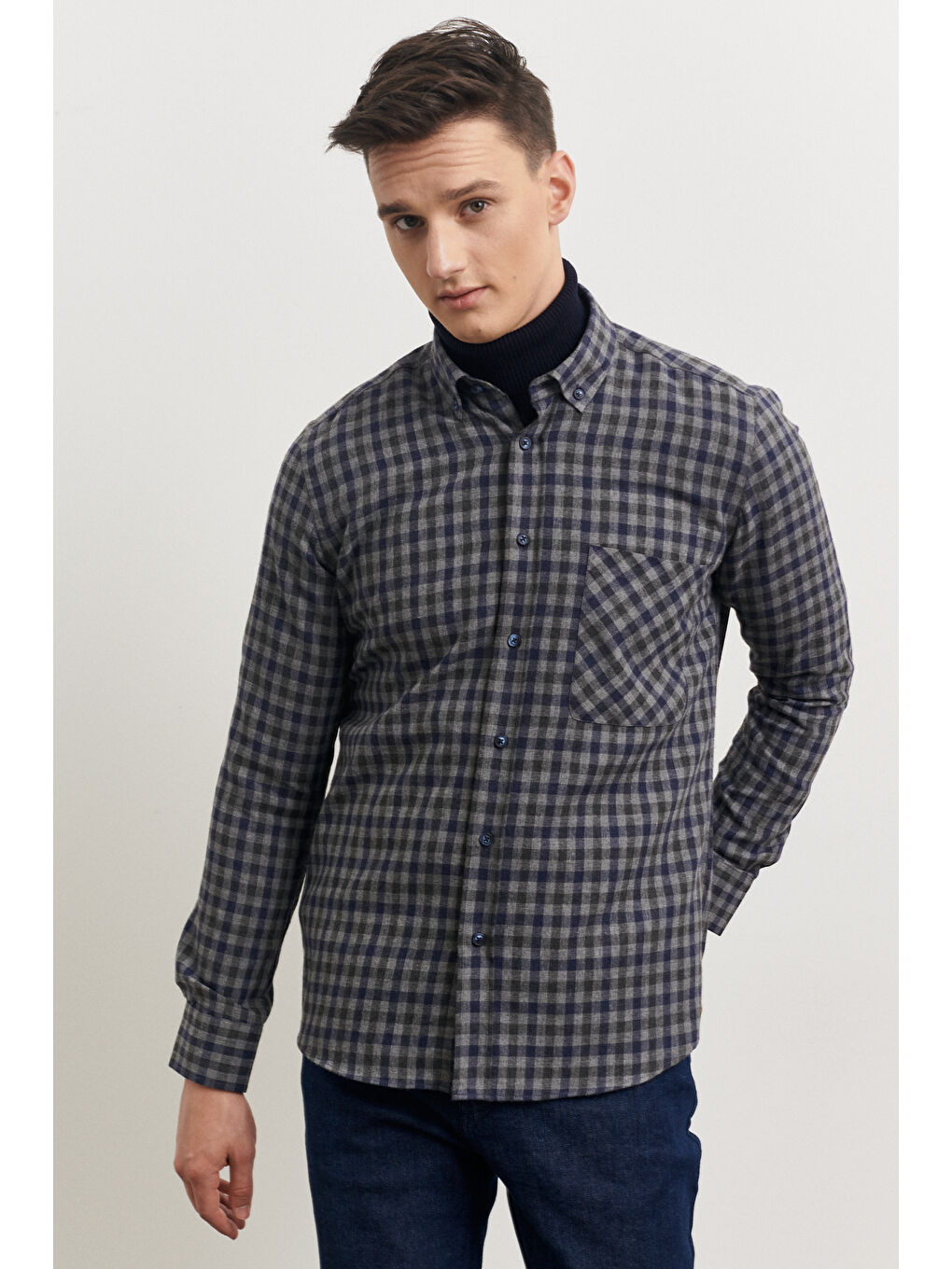 Erkek Gri-Lacivert Oversize Bol Kesim Dik Yaka Düz Sweatshirt-3