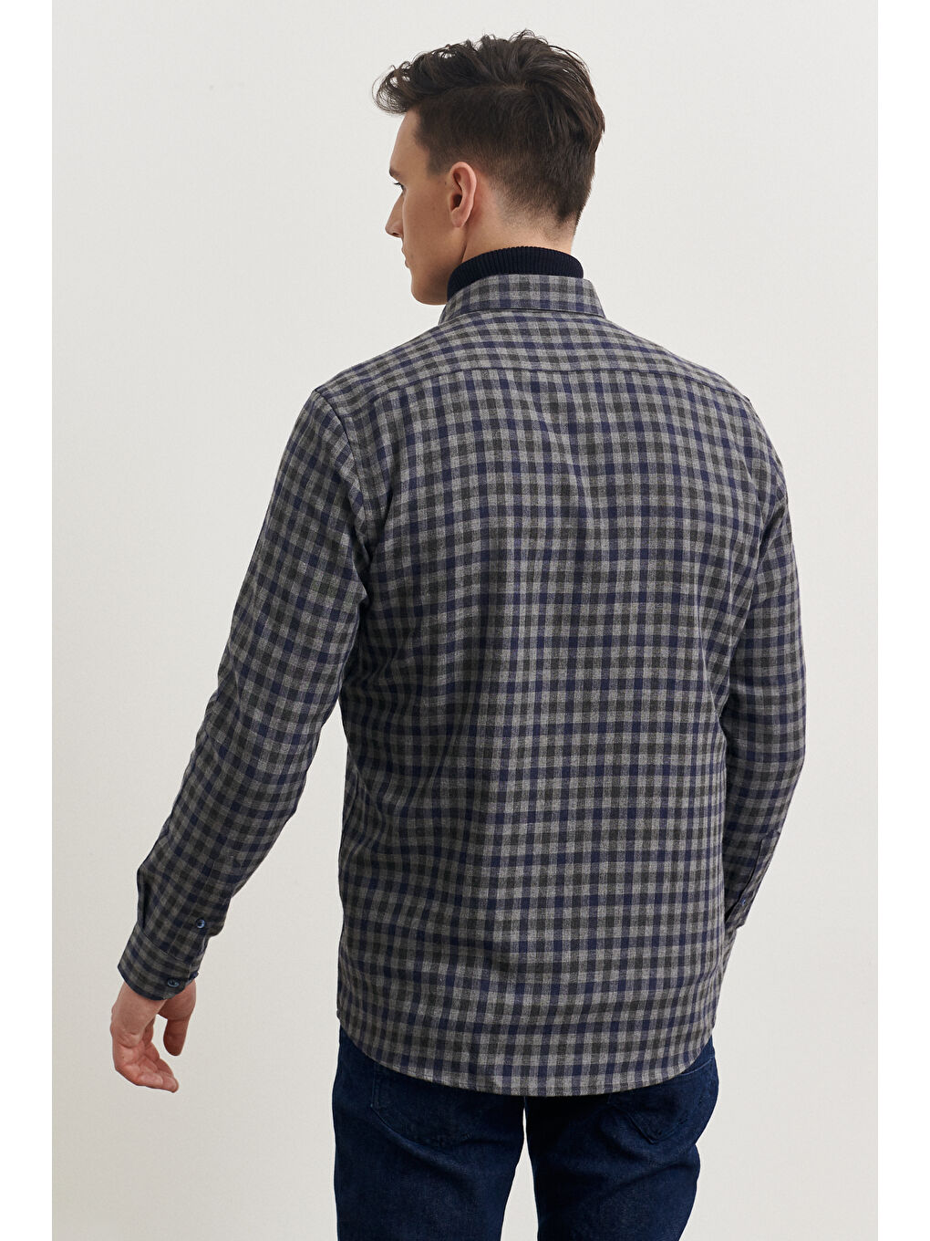 Erkek Gri-Lacivert Oversize Bol Kesim Dik Yaka Düz Sweatshirt-4