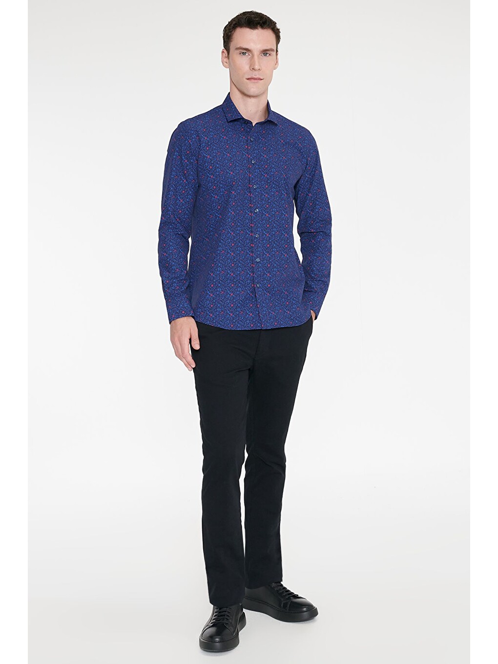 Erkek Lacivert-mavi Pamuklu Slim Fit Dar Kesim Küçük İtalyan Yaka Baskılı Gömlek-1