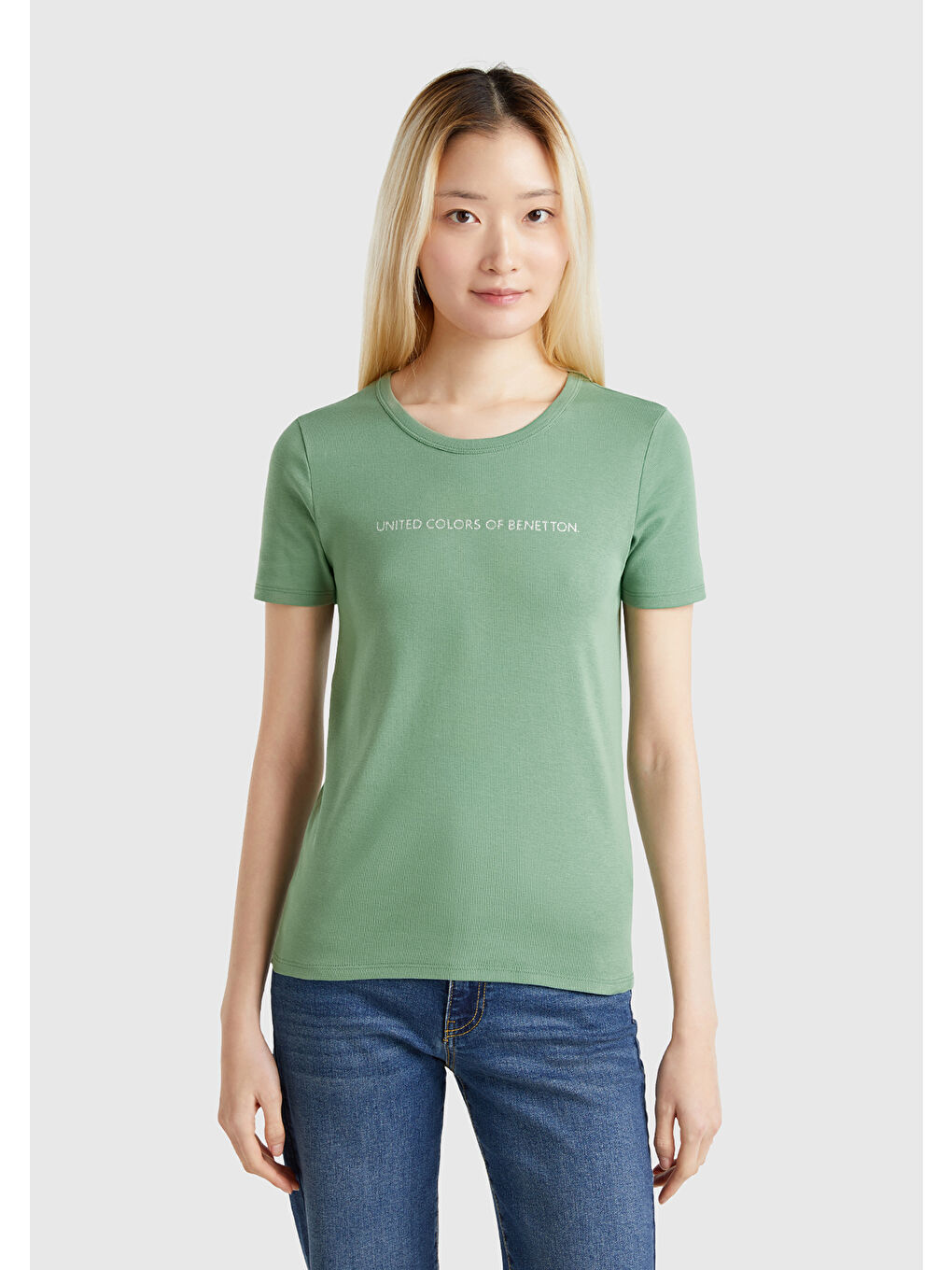 Kadın Açık Yeşil 100 Pamuk Benetton Yazılı Basic T Shirt