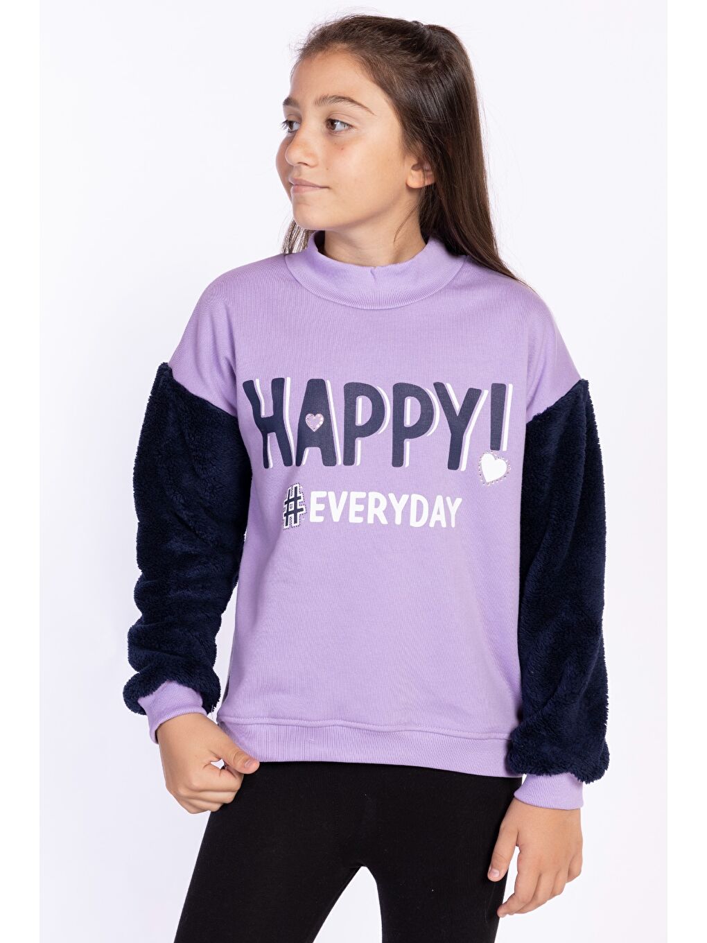 Lila Kız Çocuk Pelüş Detaylı Baskılı Sweatshirt