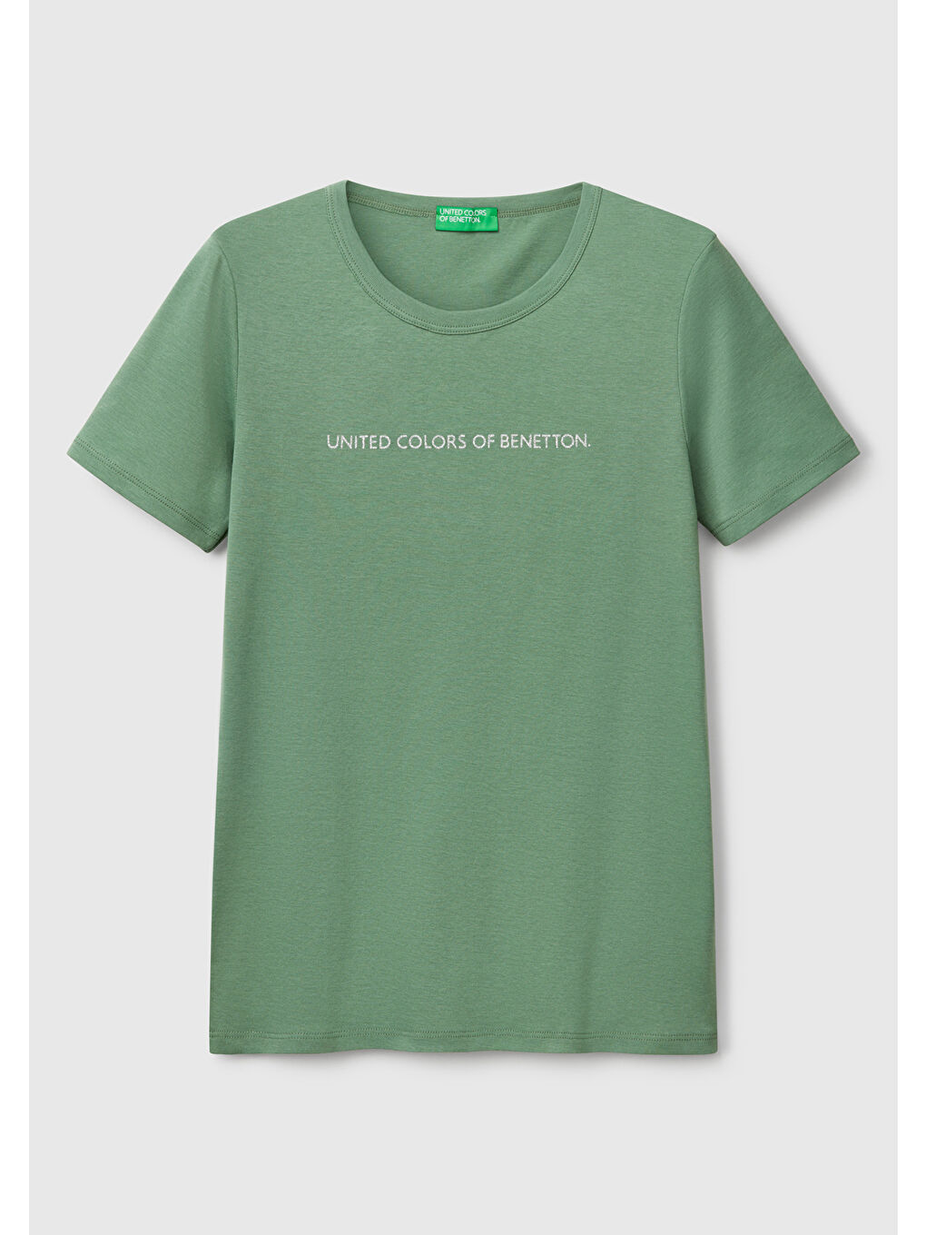 Kadın Açık Yeşil 100 Pamuk Benetton Yazılı Basic T Shirt-1