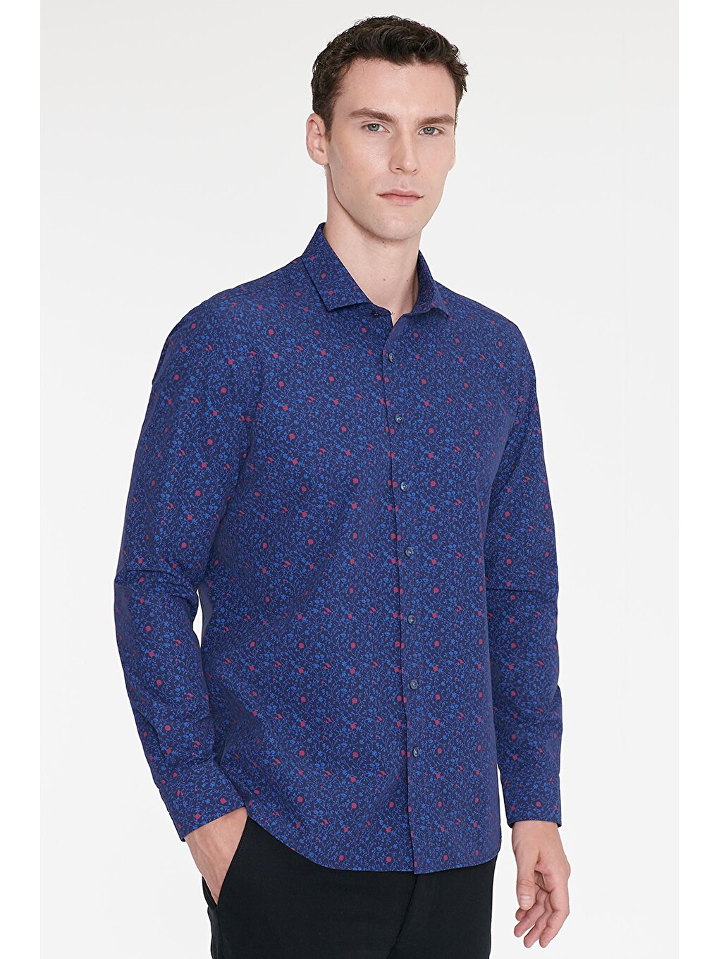 Erkek Lacivert-mavi Pamuklu Slim Fit Dar Kesim Küçük İtalyan Yaka Baskılı Gömlek-2