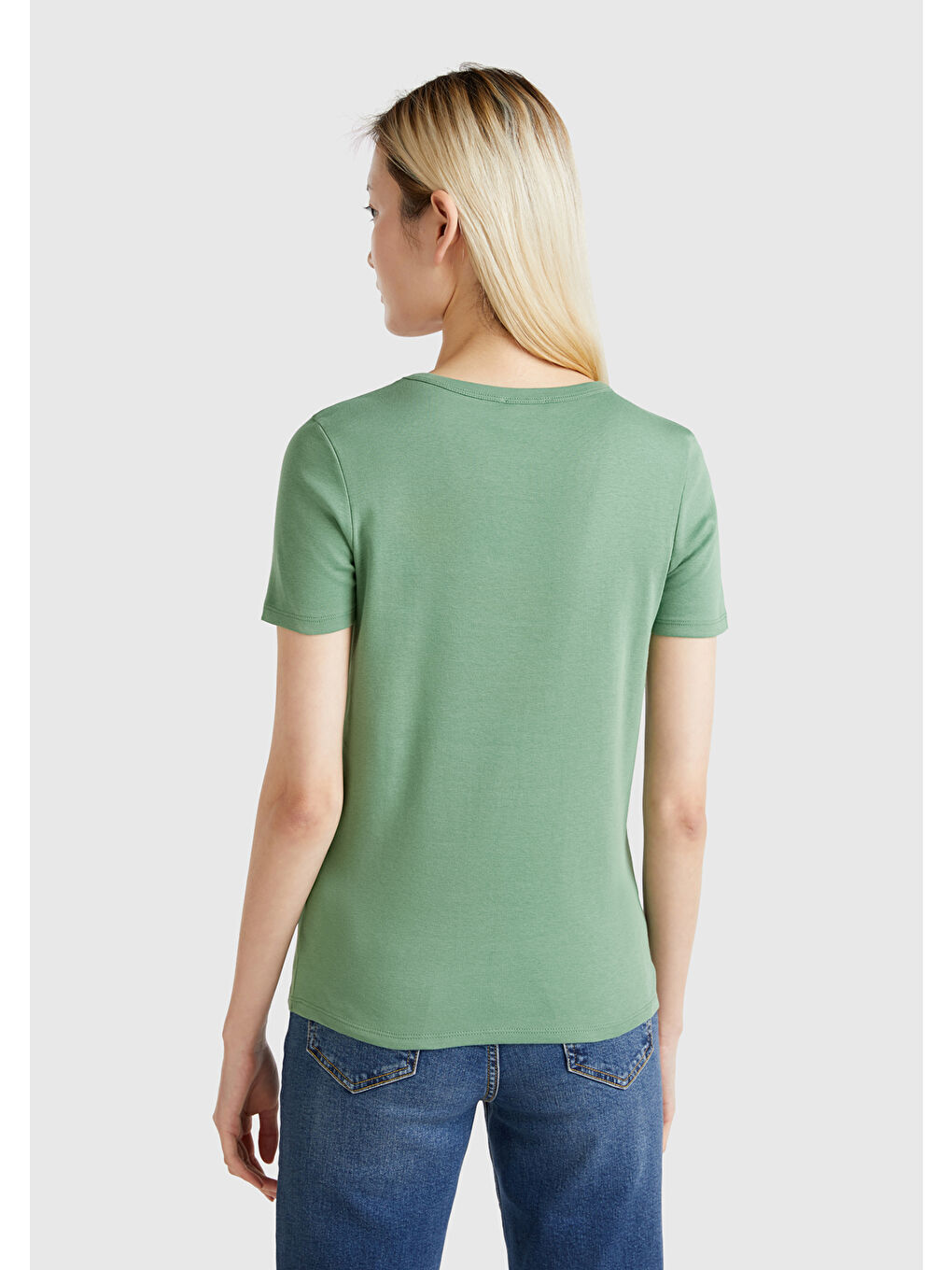 Kadın Açık Yeşil 100 Pamuk Benetton Yazılı Basic T Shirt-2