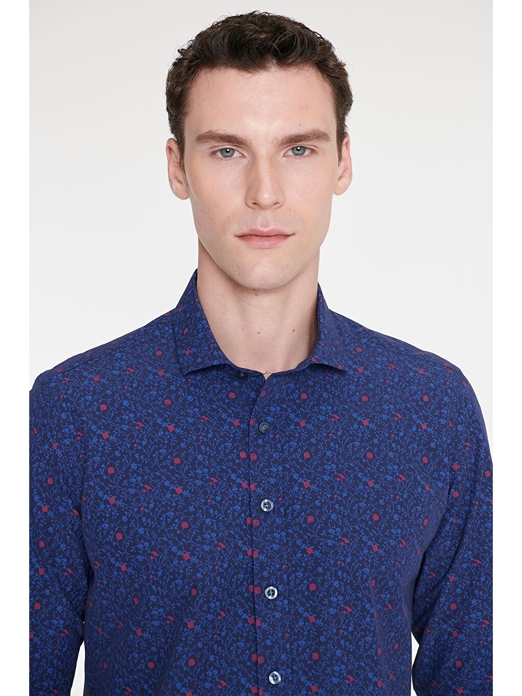 Erkek Lacivert-mavi Pamuklu Slim Fit Dar Kesim Küçük İtalyan Yaka Baskılı Gömlek-3