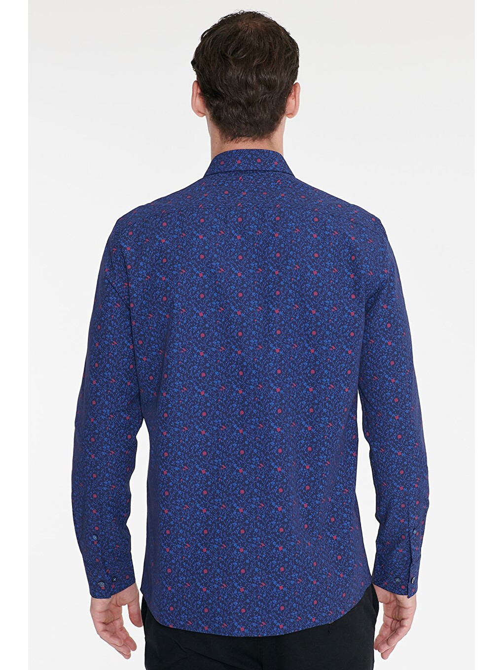 Erkek Lacivert-mavi Pamuklu Slim Fit Dar Kesim Küçük İtalyan Yaka Baskılı Gömlek-4