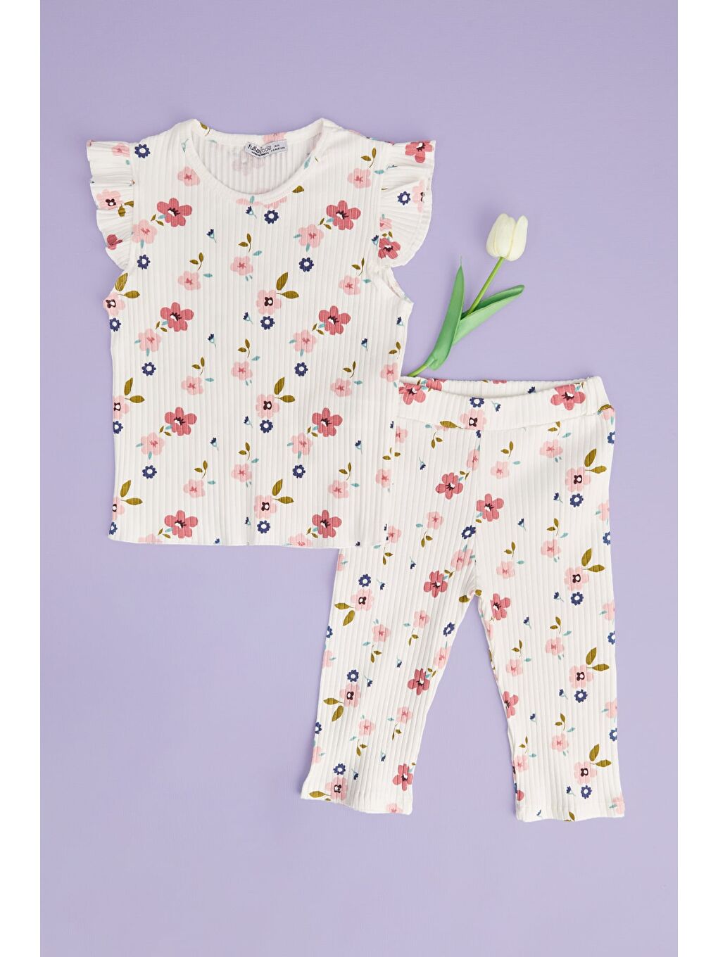 Ekru Fitilli Çiçek Desenli Fırfırlı Kız Çocuk 2 Li Takım