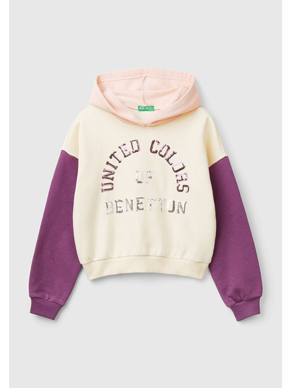 United Colors Of Benetton Kız Çocuk Ekru Mix Pamuk Karışımlı Payet Logolu Kapüşonlu Sweatshirt