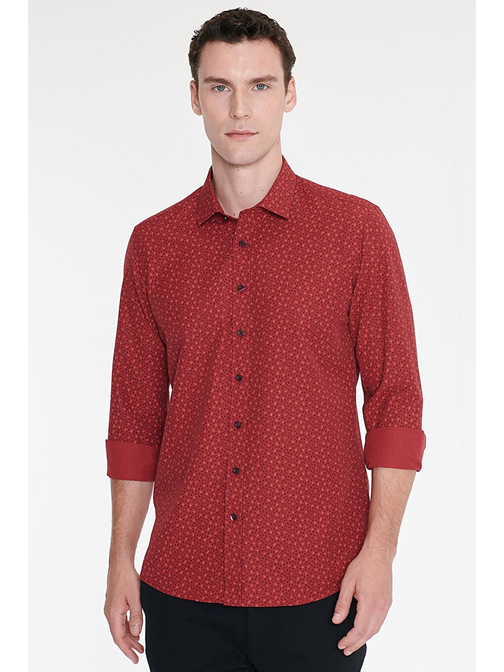 Erkek Kırmızı-siyah Pamuklu Slim Fit Dar Kesim Klasik Yaka Baskılı Gömlek