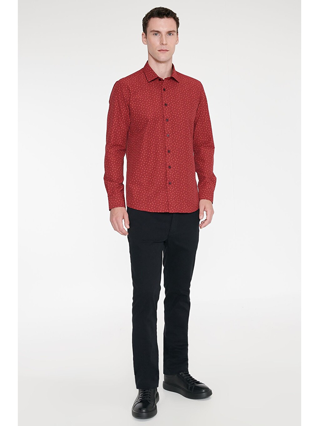 Erkek Kırmızı-siyah Pamuklu Slim Fit Dar Kesim Klasik Yaka Baskılı Gömlek-1