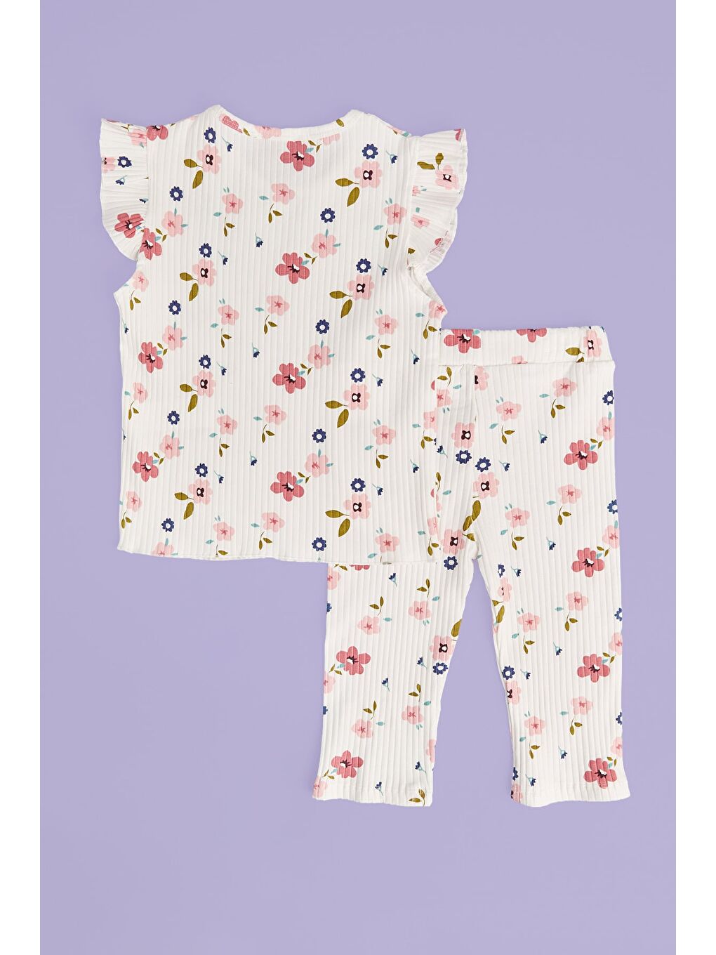 Ekru Fitilli Çiçek Desenli Fırfırlı Kız Çocuk 2 Li Takım-1