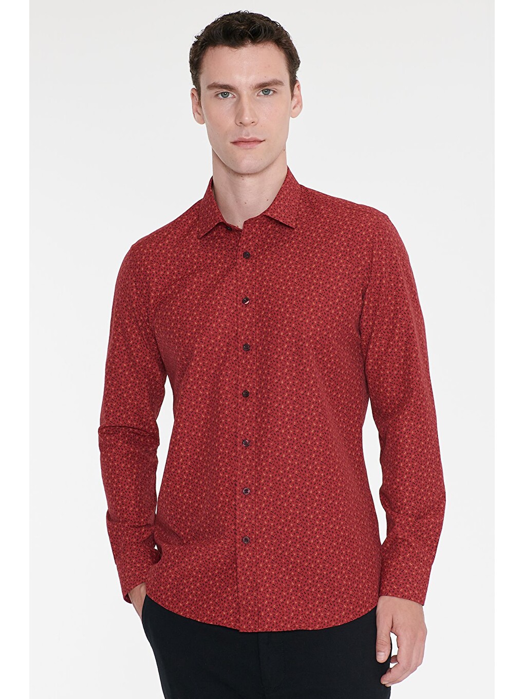 Erkek Kırmızı-siyah Pamuklu Slim Fit Dar Kesim Klasik Yaka Baskılı Gömlek-2