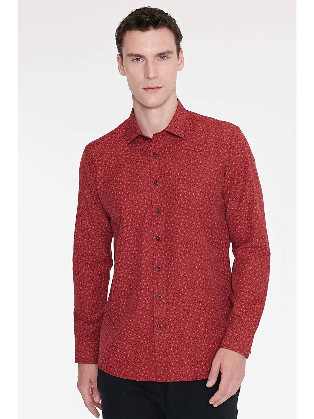 Erkek Kırmızı-siyah Pamuklu Slim Fit Dar Kesim Klasik Yaka Baskılı Gömlek-3