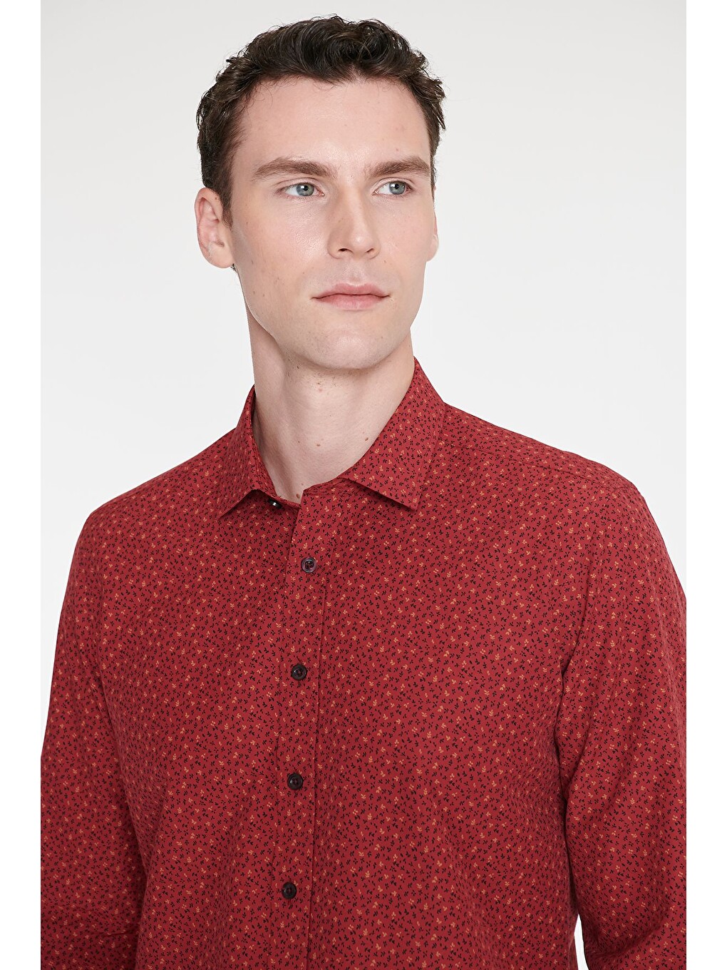 Erkek Kırmızı-siyah Pamuklu Slim Fit Dar Kesim Klasik Yaka Baskılı Gömlek-4