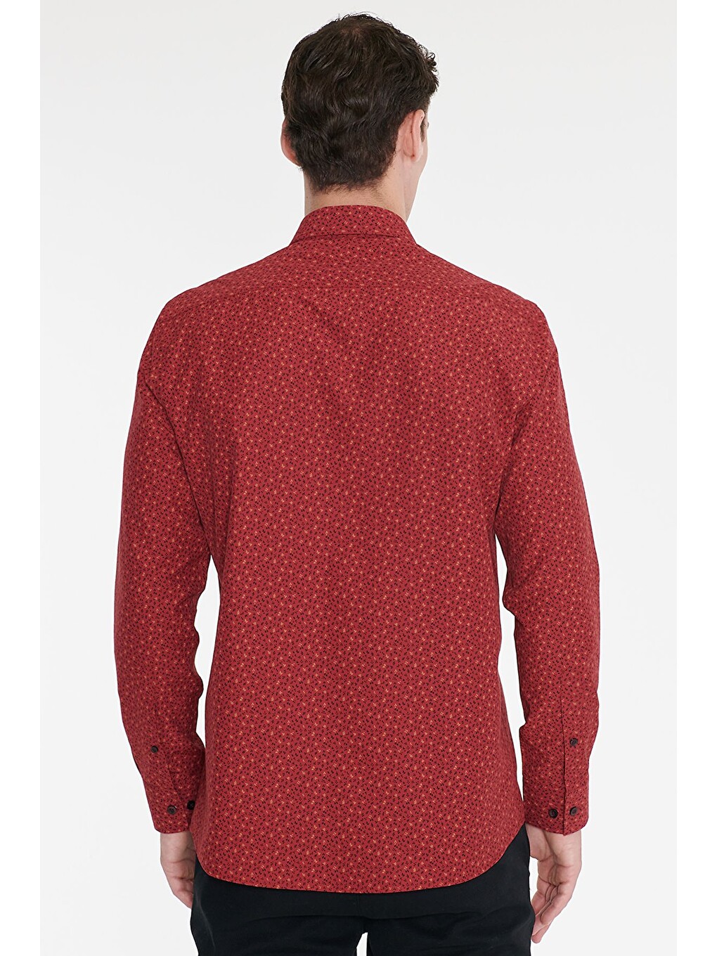 Erkek Kırmızı-siyah Pamuklu Slim Fit Dar Kesim Klasik Yaka Baskılı Gömlek-5