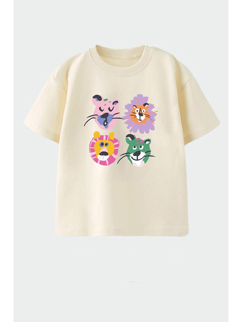 Bej Unisex Çocuk Pamuklu Bisiklet Yaka Baskılı T-Shirt