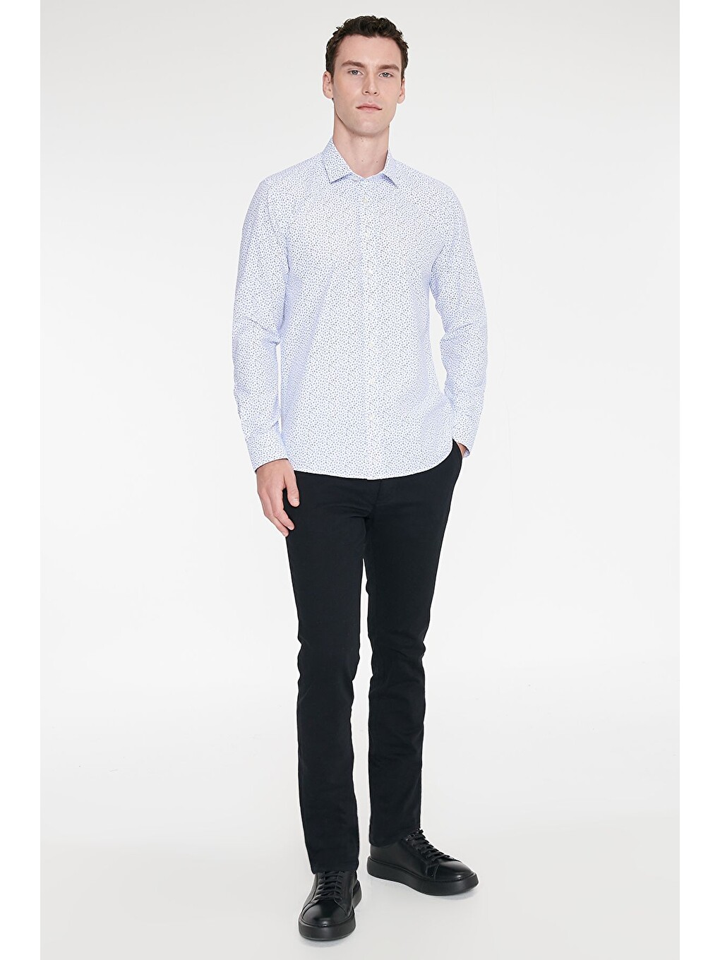 Erkek Beyaz-mavi Pamuklu Slim Fit Dar Kesim Klasik Yaka Baskılı Gömlek-1