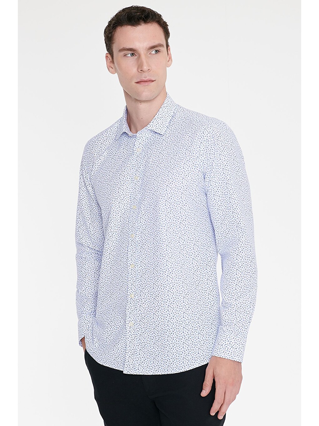 Erkek Beyaz-mavi Pamuklu Slim Fit Dar Kesim Klasik Yaka Baskılı Gömlek-2