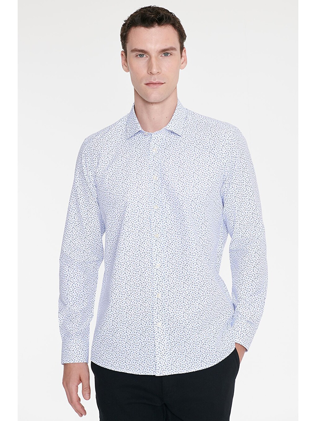 Erkek Beyaz-mavi Pamuklu Slim Fit Dar Kesim Klasik Yaka Baskılı Gömlek-3