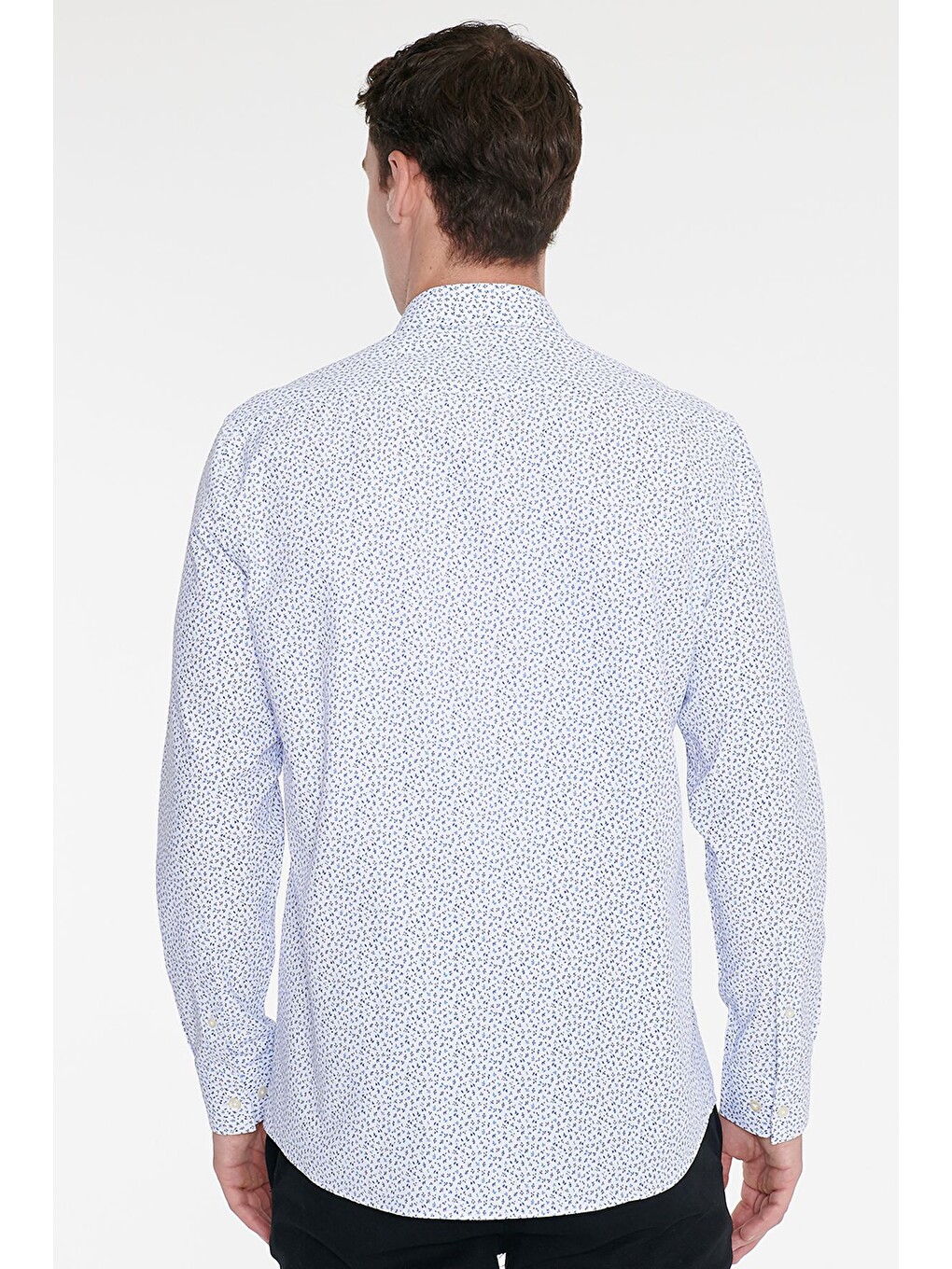 Erkek Beyaz-mavi Pamuklu Slim Fit Dar Kesim Klasik Yaka Baskılı Gömlek-5