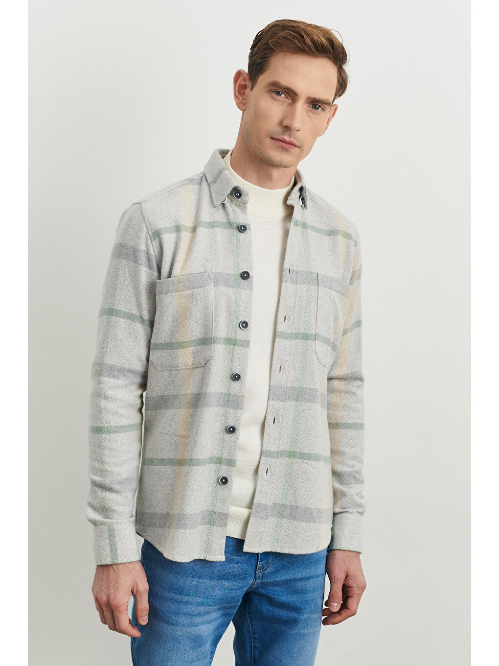 Erkek Gri-Yeşil  Fit Düğmeli Yaka Ekose Desenli Flanel Oduncu Gömlek
