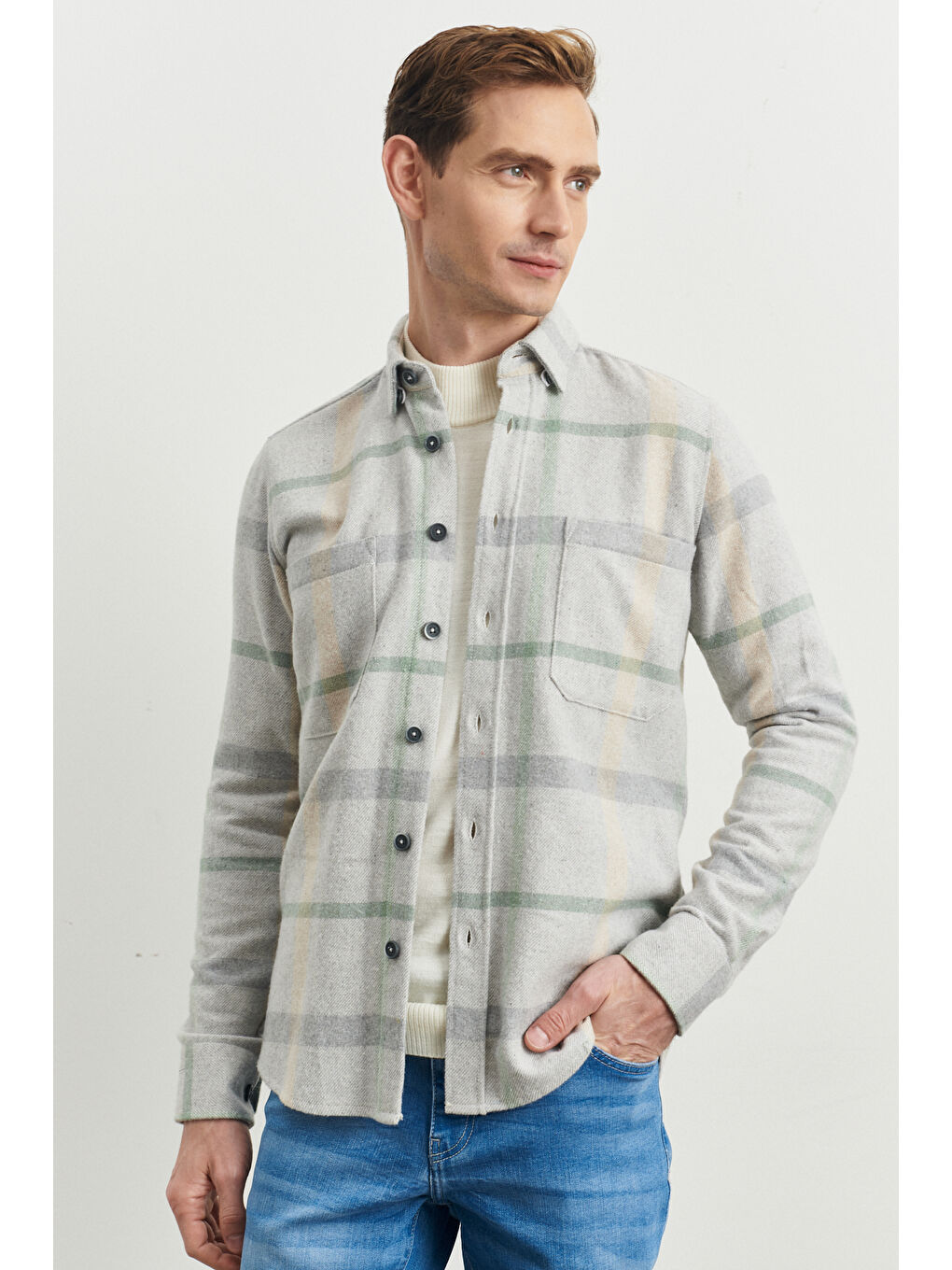Erkek Gri-Yeşil  Fit Düğmeli Yaka Ekose Desenli Flanel Oduncu Gömlek-4