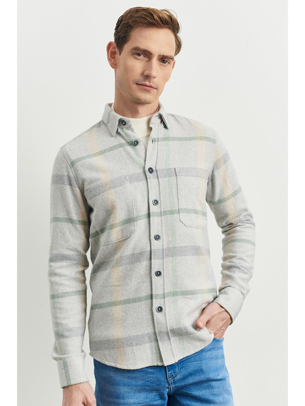 Erkek Gri-Yeşil  Fit Düğmeli Yaka Ekose Desenli Flanel Oduncu Gömlek-5