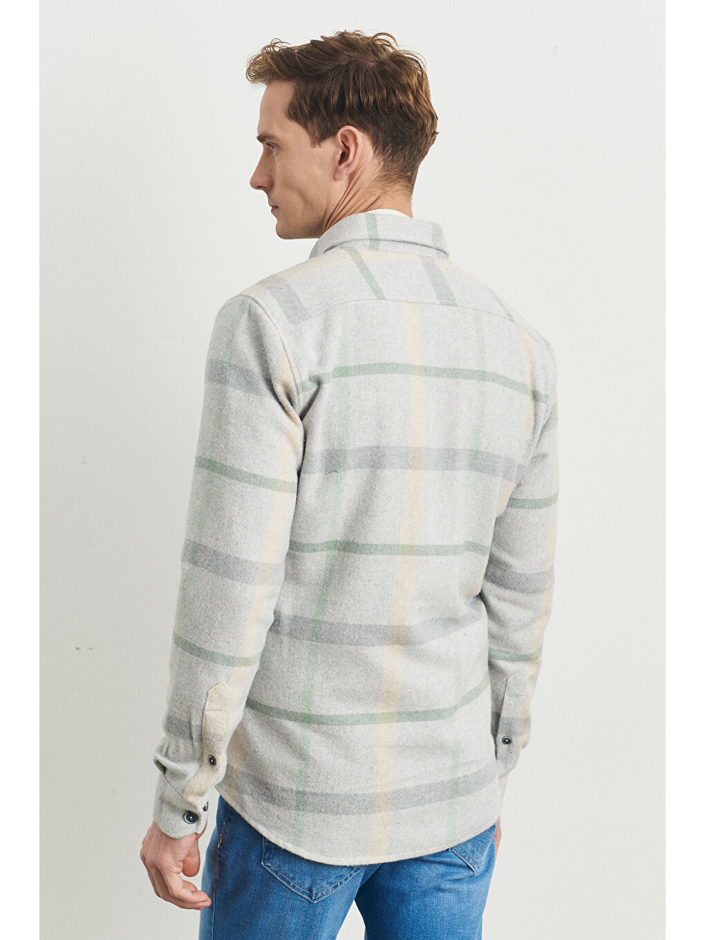 Erkek Gri-Yeşil  Fit Düğmeli Yaka Ekose Desenli Flanel Oduncu Gömlek-6