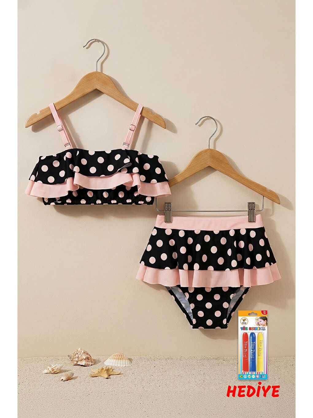 Puantiye Desenli Fırfırlı Siyah Renk Kız Çocuk Etekli Bikini Takımı