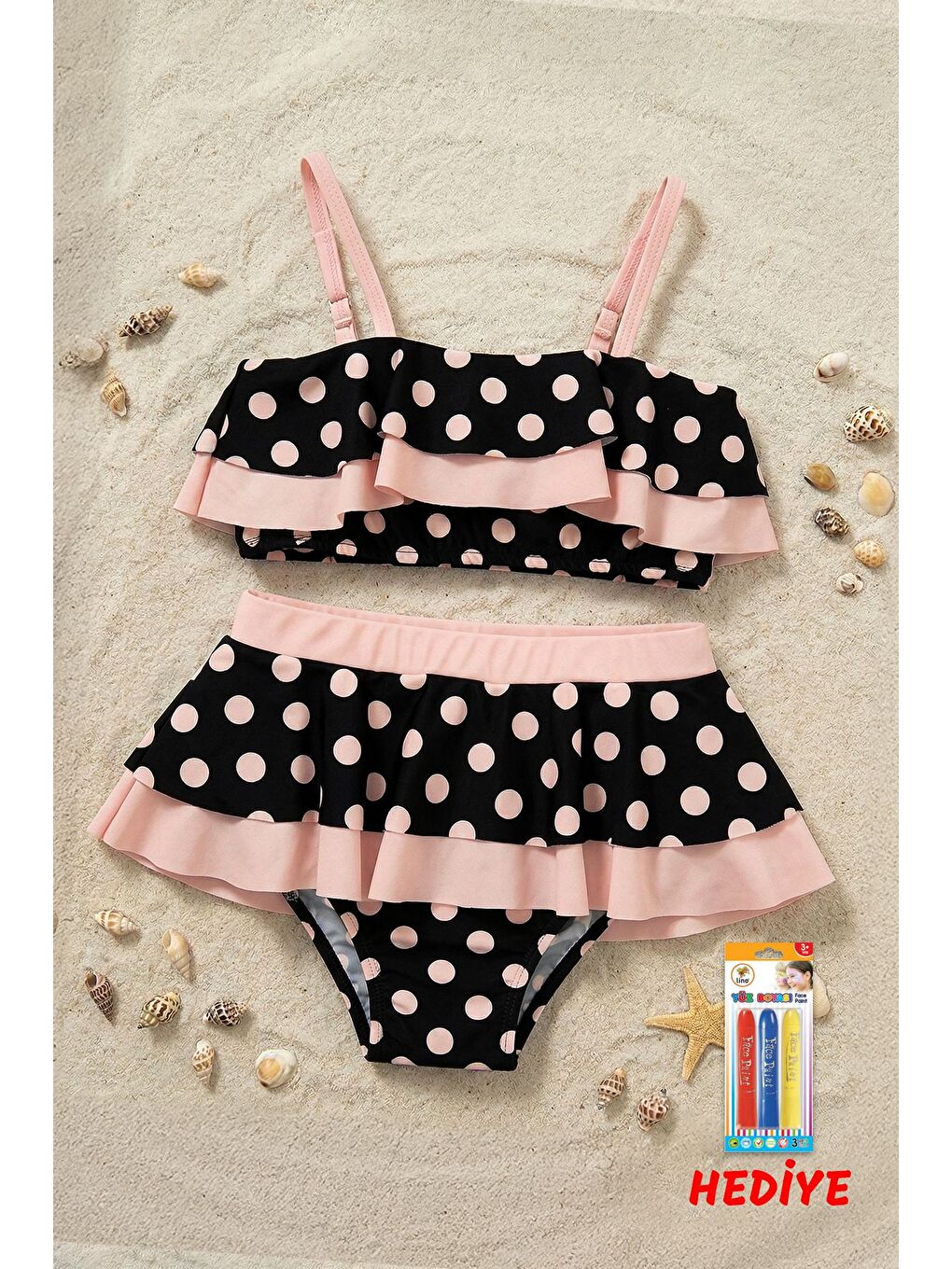 Puantiye Desenli Fırfırlı Siyah Renk Kız Çocuk Etekli Bikini Takımı-1