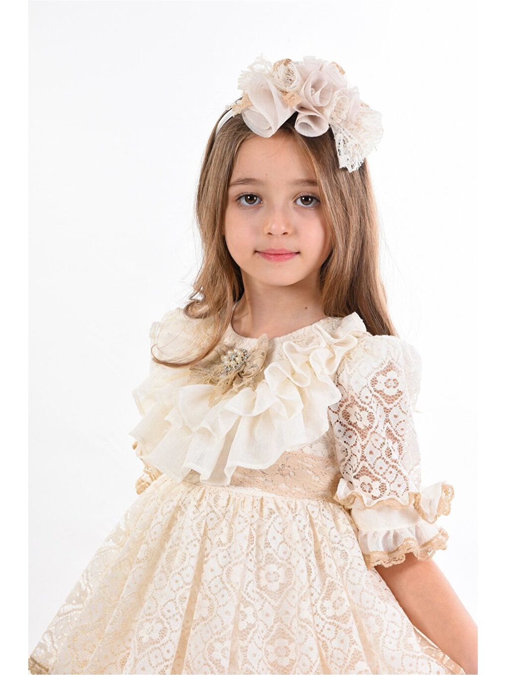 Bej Dantel Detaylı Kız Çocuk Taç Aksesuarlı Abiye Elbise_M2406-1