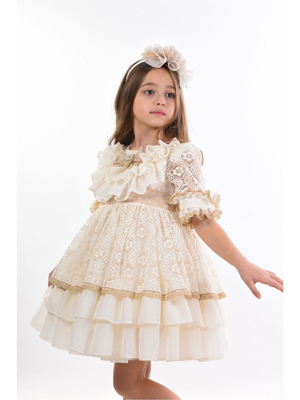 Bej Dantel Detaylı Kız Çocuk Taç Aksesuarlı Abiye Elbise_M2406-3