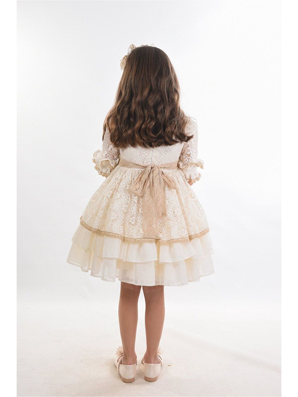 Bej Dantel Detaylı Kız Çocuk Taç Aksesuarlı Abiye Elbise_M2406-4