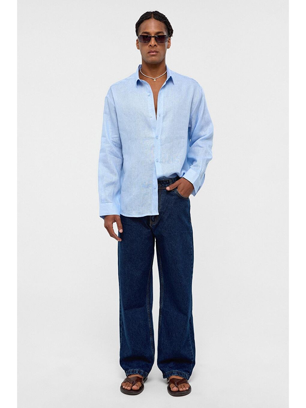 %100 Keten Oversize Uzun Kollu Gömlek Bebe Mavi