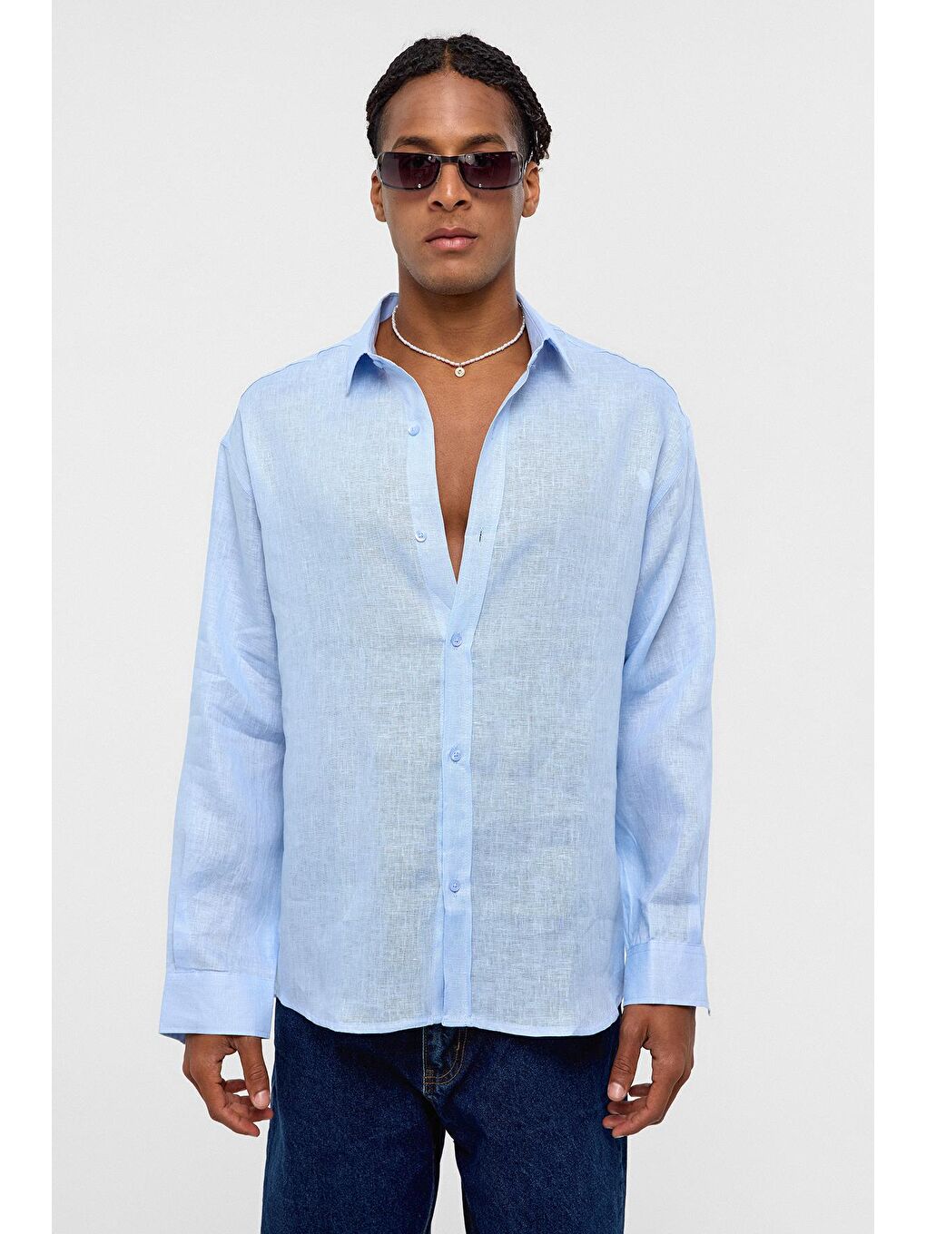 %100 Keten Oversize Uzun Kollu Gömlek Bebe Mavi-1