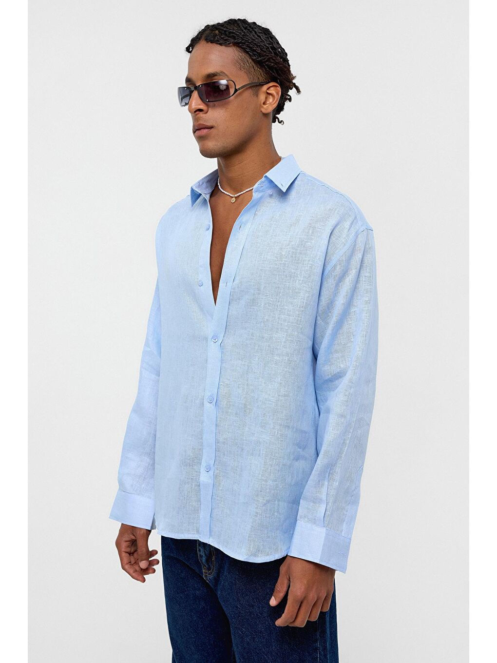 %100 Keten Oversize Uzun Kollu Gömlek Bebe Mavi-2