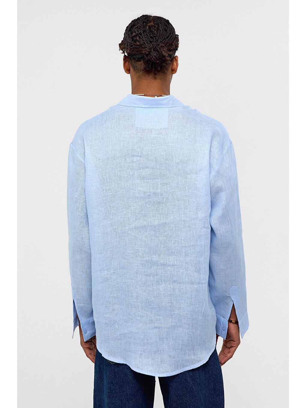 %100 Keten Oversize Uzun Kollu Gömlek Bebe Mavi-3