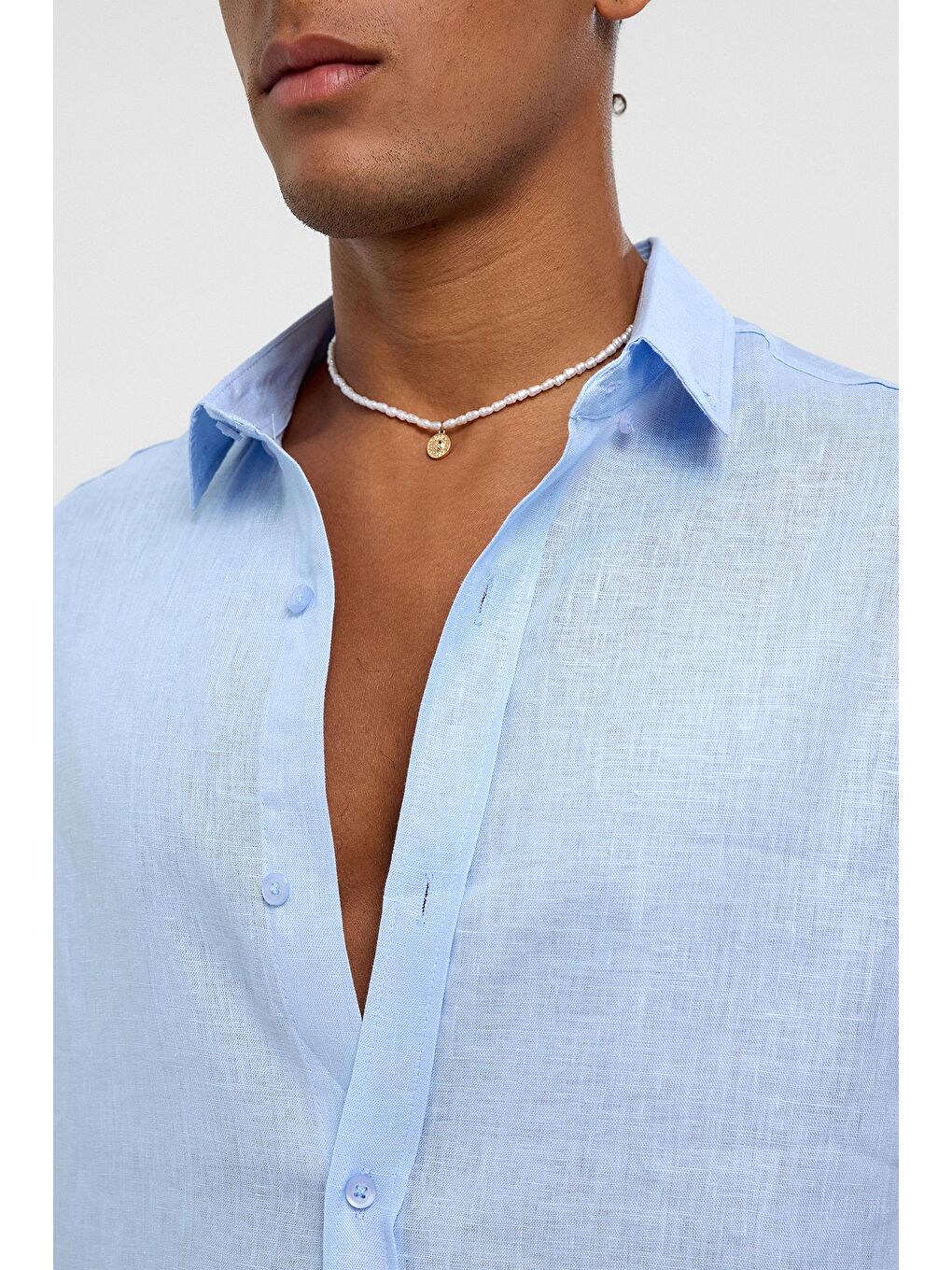 %100 Keten Oversize Uzun Kollu Gömlek Bebe Mavi-4