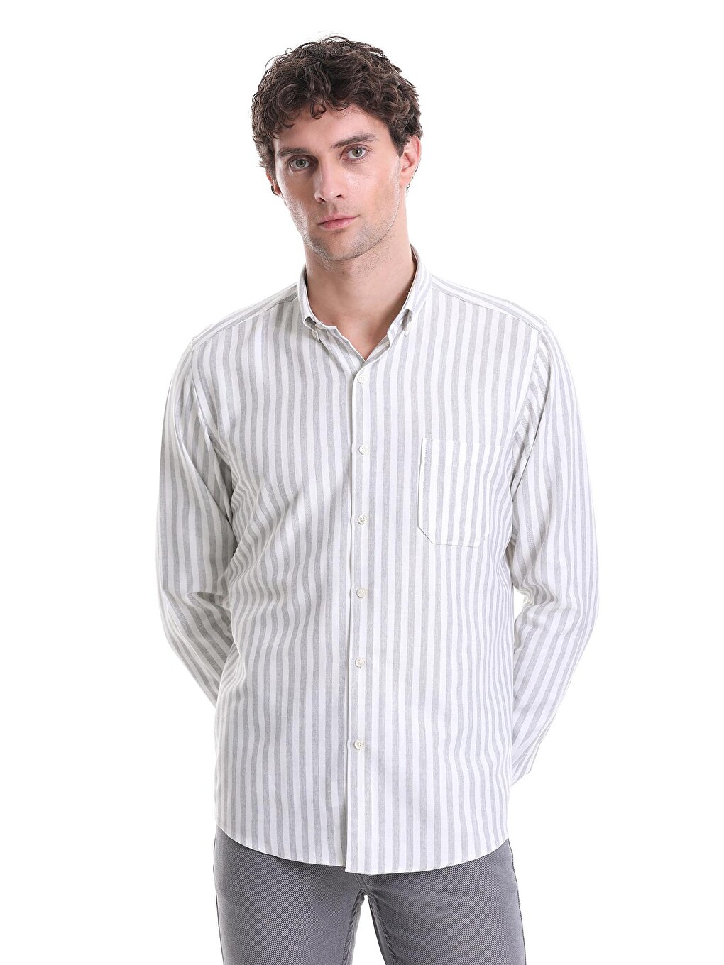 Gri Slim Fit Çizgili Dik Yaka Pamuklu Uzun Kollu Casual Gömlek