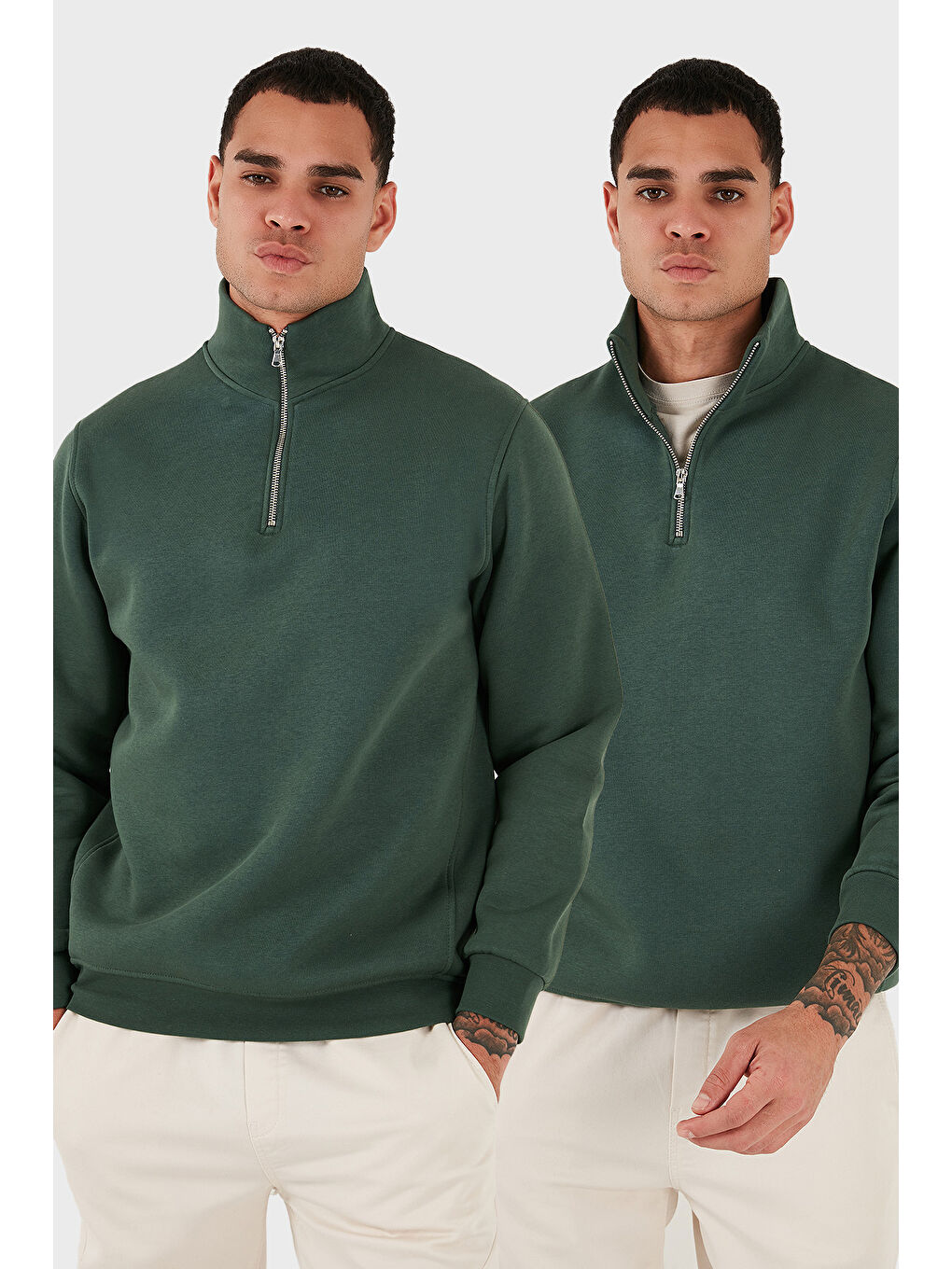 Yeşil Pamuklu Regular Fit Dik Yaka 2'li Paket Sweat 59052592S2