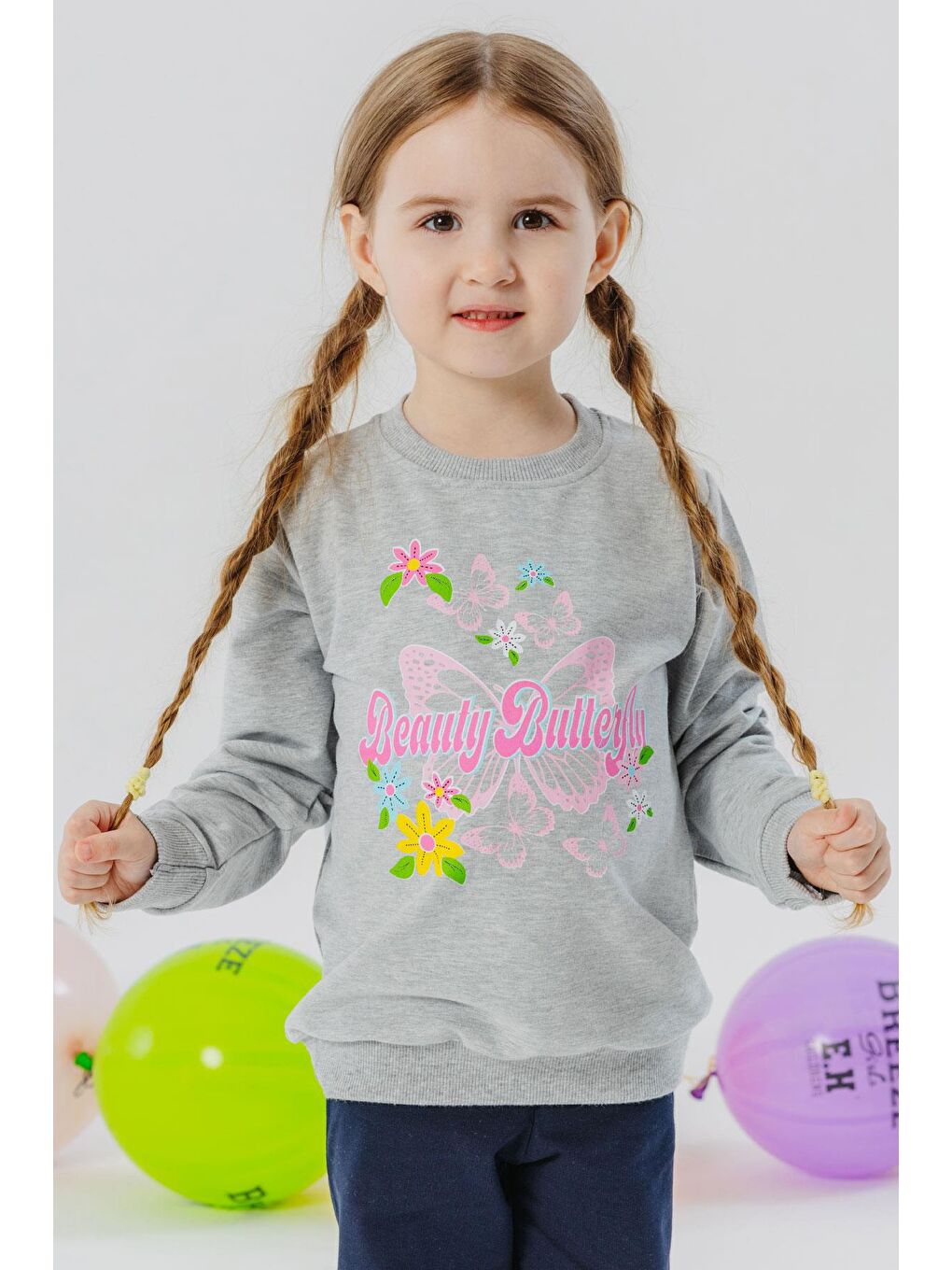 Kız Çocuk Sweatshirt Kelebek Baskılı Açık Gri Melanj (3-8 Yaş)-3