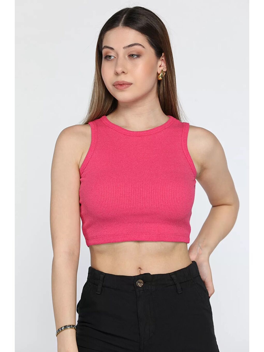 GÜLSELİ Fuşya Bisiklet Yaka Kaşkorse Crop Top Büstiyer Bluz