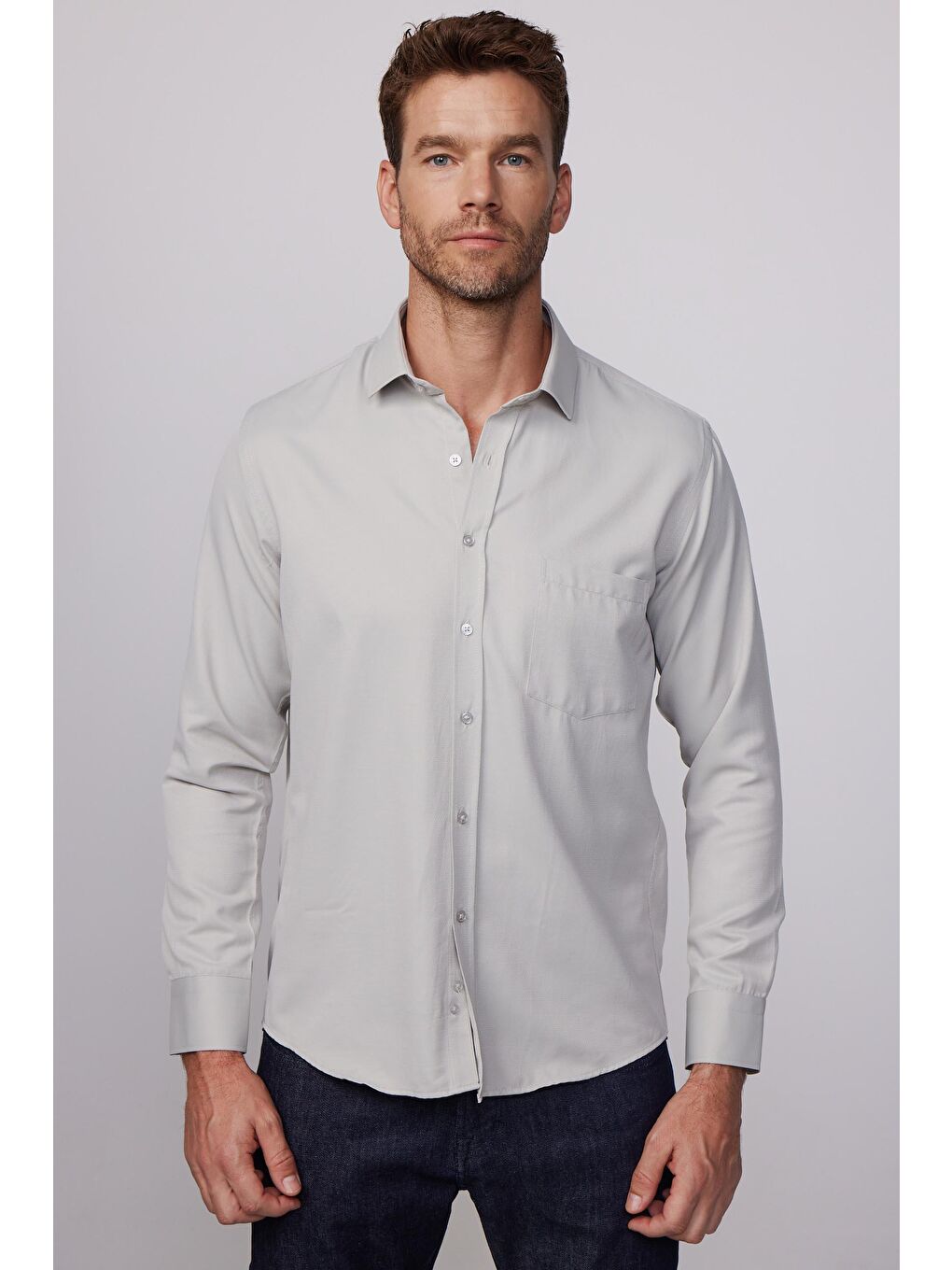 Bej Erkek Regular Fit Klasik Kesim Kravatlık Armürlü Taş Gömlek