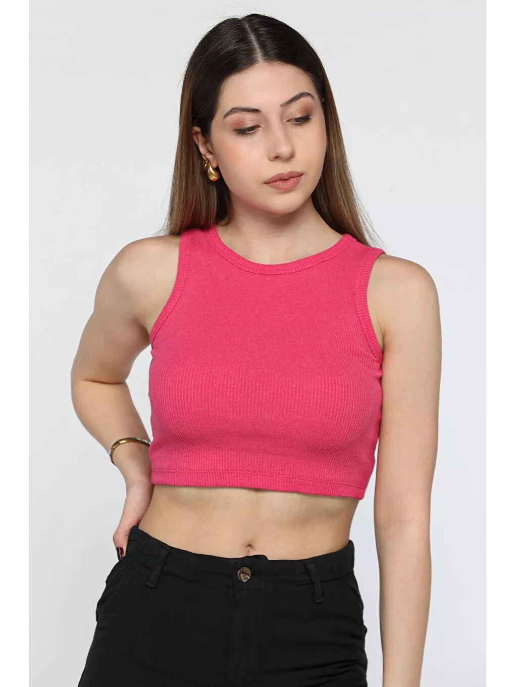 GÜLSELİ Fuşya Bisiklet Yaka Kaşkorse Crop Top Büstiyer Bluz - 1