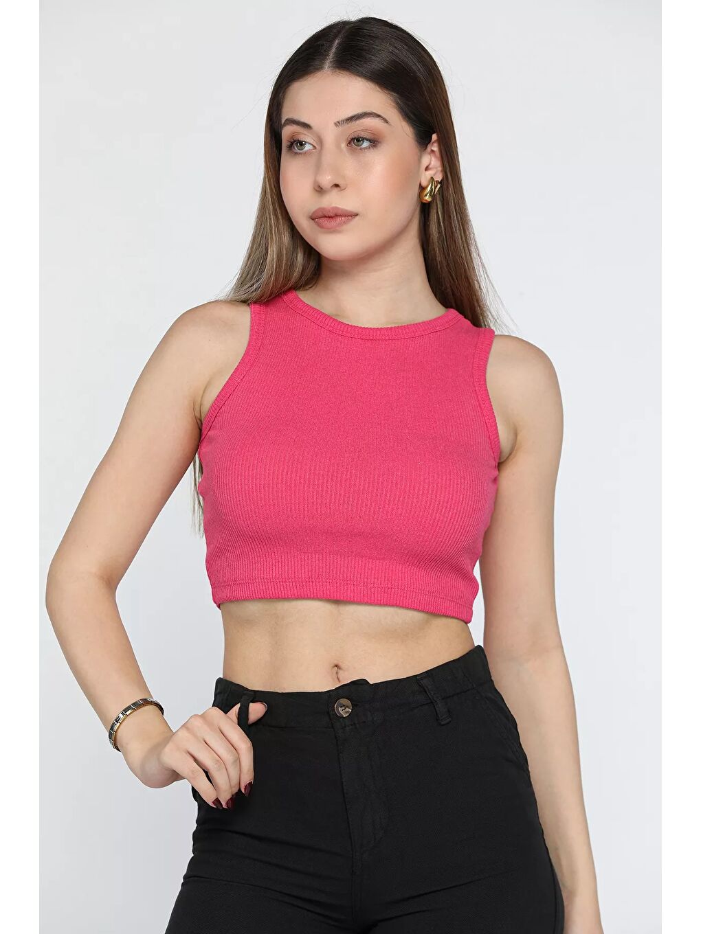 GÜLSELİ Fuşya Bisiklet Yaka Kaşkorse Crop Top Büstiyer Bluz - 2