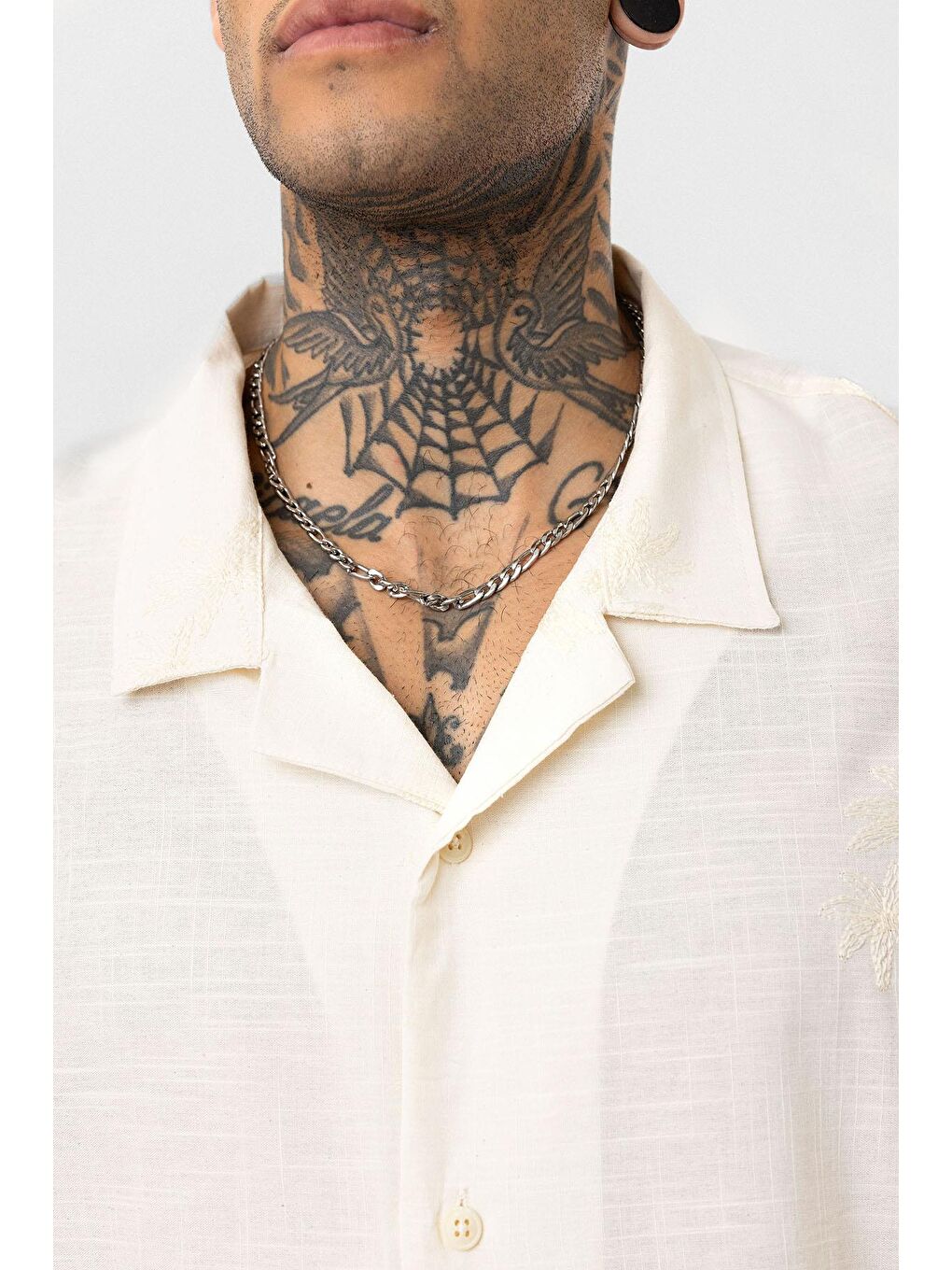 Bej Oversize Nakış Detaylı Kısa Kol Gömlek Naturel-5