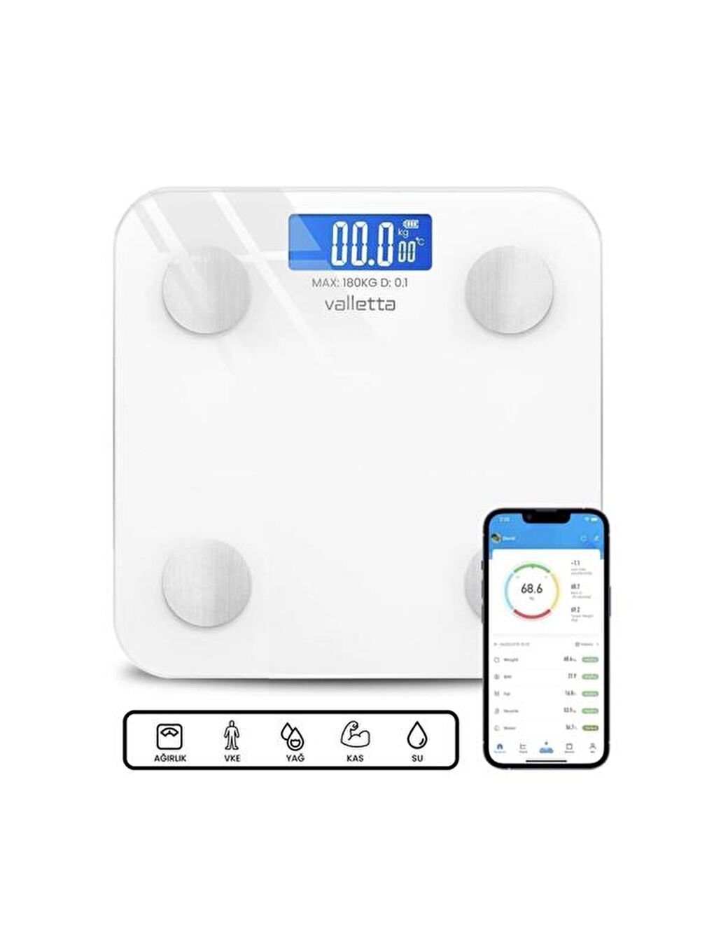 VLT1354 İnferno Akıllı Yağ Ölçer Tartı - Beyaz - 28 cm-1