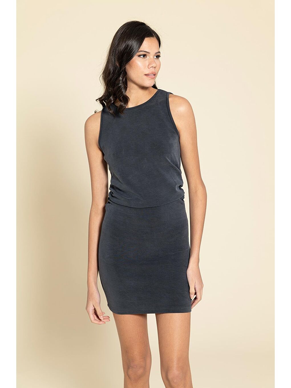 Antrasit Cupra Kumaş Yanı Büzgülü Sıfır Kol Elbise