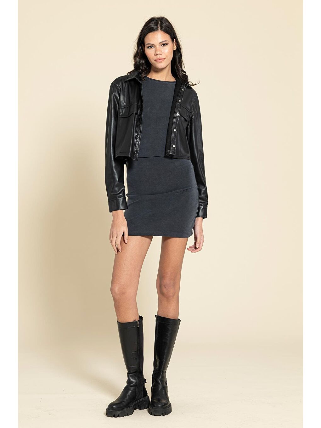 Antrasit Cupra Kumaş Yanı Büzgülü Sıfır Kol Elbise-1